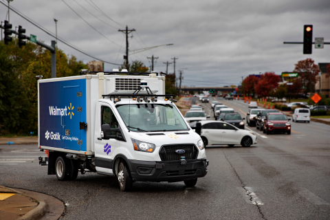 A Gatik truck on its delivery route in Bentonville, Arkansas. Gatik is operating daily without a safety driver behind the wheel of its delivery route for Walmart in Bentonville, Arkansas, moving customer orders between a Walmart dark store and a Neighborhood Market. (Photo: Business Wire)