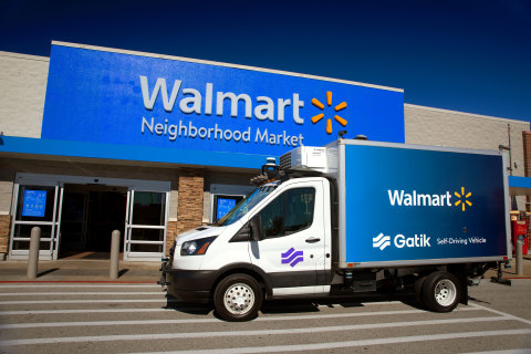 A Gatik truck outside Walmart's Neighborhood Market in Bentonville, Arkansas. Gatik's fully driverless operations unlock the full advantages of autonomous delivery for Walmart’s customers: increased speed and responsiveness when fulfilling e-commerce orders, increased asset utilization and enhanced safety for all road users. (Photo: Business Wire)