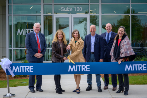 MITRE Huntsville iHub ribbon cutting and opening celebration on Nov. 5, 2021, at Redstone Gateway. MITRE staff are pictured (L to R) Phil Roberts, managing director, analysis Julie Gravallese, vice president, workplace innovation Kim Shepard, MITRE Huntsville iHub leader Greg Crawford, vice president, joint and services center, MITRE National Security Russell King, managing director, Missile Defense Agency Eileen Boettcher, vice president, integration and operations, MITRE National Security (Photo: Business Wire)