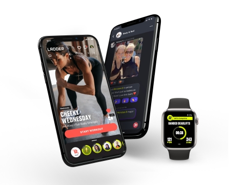 Ladder member experience featuring the Body & Bell team led by Coach Lauren Kanski. Homescreen, Team Chat and Apple Watch experience.  (Photo: Business Wire)