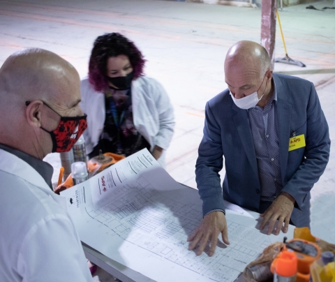 original Image (Clockwise): Dr. Michael Conforti, DVM (APS Founder, Vice President-Preclinical Operations-NAMSA); Dr. Emily Drake, DVM (Sr. Director, Regional ISR/Veterinary Operations-NAMSA); and Christophe Berthoux (NAMSA CEO) review blueprints and expansion plans at NAMSA's Minneapolis preclinical laboratory facility. (Photo: Business Wire)