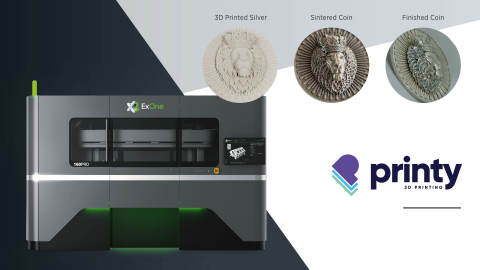 Two extra-large X1 160Pro metal 3D printing systems will be operated by Printy, a division of the Pressburg Mint of Slovakia, created to 3D print numismatic and investment coins, as well as other goods for customers within their newly launched 3D printing service. The first of a series of ultrahigh-relief silver coins featuring a crowned lion with a mirror finish and blue diamonds will be on display at Formnext 2021 in Frankfurt, Germany, from Nov. 16-19. (Graphic: Business Wire)