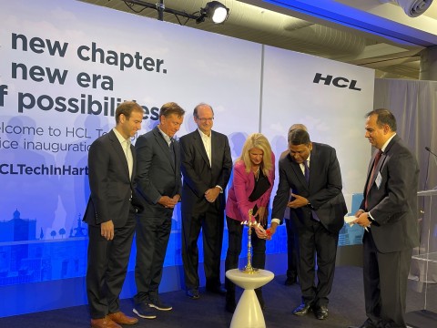 Celebrating the official opening of HCL Technologies’ Hartford Center with traditional lamp lighting ceremony. Left to right: Mayor of Hartford Luke A. Bronin; Connecticut Gov. Ned Lamont; Donald Allan, President & CFO of Stanley Black & Decker; Jill Kouri, CMO of HCL Technologies; C Vijayakumar, CEO & MD of HCL Technologies; and Ajay Bahl, EVP of HCL Technologies. (Photo: Business Wire)