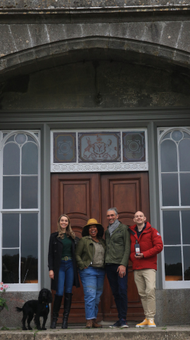 The Three Drinkers from the namesake Amazon Prime TV series visit Slane Distillery in Ireland's County Meath to learn more about whiskey-making on the grounds of Slane Castle. The distillery will be part of the new installment airing globally on February 1, 2022. (Credit: The Three Drinkers)