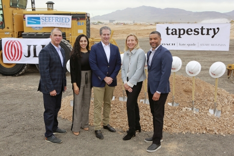 Tapestry, Inc. leaders Joanne Crevoiserat (CEO), Todd Kahn (CEO & Brand President, Coach), Ken Sanders (SVP of Fulfillment and Logistics), Joseph Gillespie (Sr. Director, Engineering & Facilities) and Alma Mercado (Sr. Manager, HR, NVFC) at the groundbreaking for the Company’s new North Las Vegas Fulfillment Center. (Photo: Business Wire)