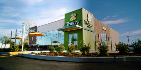 Panera's new restaurant design features a modern and revitalized dine-in experience around its signature fireplace coupled with enhanced digital, personalized options, and dual drive-thru access. (Photo: Business Wire)