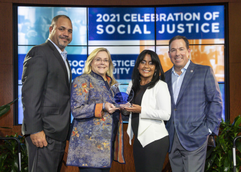 Pictured at Eastern Bank’s 2021 Celebration of Social Justice are left to right: Quincy Miller, Vice Chair and President of Eastern Bank; Nancy Huntington Stager, President and CEO of the Eastern Bank Foundation; Gladys Vega, Executive Director of La Colaborativa and 2021 Social Justice Award Honoree; and Bob Rivers, CEO and Chair of the Board of Eastern Bank. (Photo Credit: Marilyn Humphries)