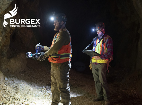 Two Burgex Inc. Mining Consultants technicians operating the ExynPak LiDAR in an underground mine for a 3D modeling project. The handheld LiDAR scanner provides real time point cloud data to the tablet held by the second technician, this tablet provides real-time mapping. (Photo: Business Wire)