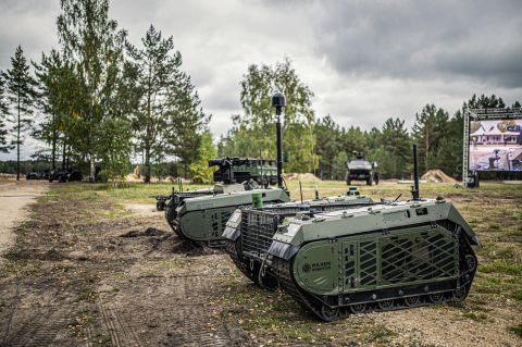 Two THeMIS UGVs during the iMUGS Demonstration. One THeMIS UGV is equipped with an Intelligence, surveillance, and reconnaissance (ISR) payload, Signal Intelligence antenna (SIGINT), Rheinmetall’s Rapid Obscuring System (ROSY) Smoke Grenade Launcher, Bittium’s Vehicular Software Defined Radios), and FN Herstal’s deFNder Light Remote Weapon Station (RWS). The second THeMIS, used as a mule for transporting the squad’s equipment, is equipped with Rantelon’s Improvised Explosive Device (IED) Jammer and Bittium’s Tough SDR Vehicular. (Photo: Business Wire)