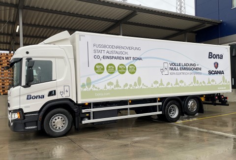 thumbnail Yesterday, Bona received its first eTruck for the Bona Limburg, Germany facilities. Te Scania innovated truck is from the Scania P series and will offer an emission-free transport system for Bona’s operations in Limburg and the surrounding area. It is the first of its kind to be operated in Germany. (Photo: Business Wire)