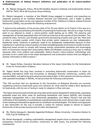 thumbnail Endorsements of Sekisui House’s initiatives and publication of its nature-positive methodology