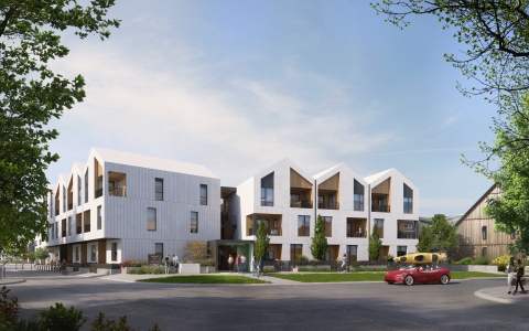 A rendering of District Flats, the first condo offering at Southlands Tsawwassen agrihood. (Photo: Business Wire)