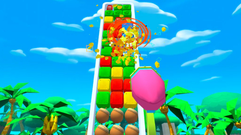 Puzzle stages with blocks stacked up so high like a tower, and many more gimmicks unique to VR. (Graphic: Business Wire)