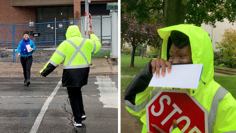 A Klick Health employee brightens a school crossing guard’s bad-weather day with a $100 bill and a “thank you for being you and dancing even when it’s raining.” Hundreds of Klick Health Employees Film and Star in New Holiday Video Using $100 Bills to "#SpreadJoy" to People Across the U.S. and Canada.