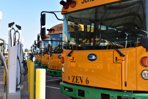Stockton Unified School District's new electric bus fleet reduces over 120,000 pounds of carbon emissions and leverages The Mobility House's smart charging and energy management system. (Photo: Business Wire)