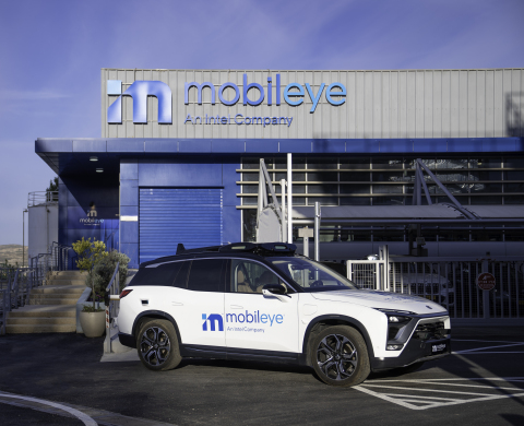 A self-driving vehicle from Mobileye’s autonomous fleet sits outside Mobileye’s autonomous vehicle workshop in Israel. (Credit: Mobileye, an Intel Company)