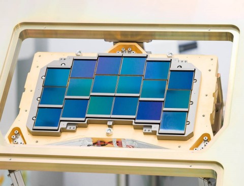 The Engineering Test Unit Focal Plane Mosaic with 18 H4RG-10 SCAs, shown in the photo, was assembled by Goddard Spaceflight Center.  This is the largest infrared focal plane array ever made.  Image credit:  NASA / Goddard Spaceflight Center