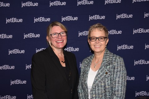 Joanna Geraghty, president and chief operating officer, JetBlue (left) and Lynne Embleton, chief executive officer and chairman, Aer Lingus at the IATA Annual General Meeting (AGM) in Boston on October 3, 2021. (Photo: Business Wire)