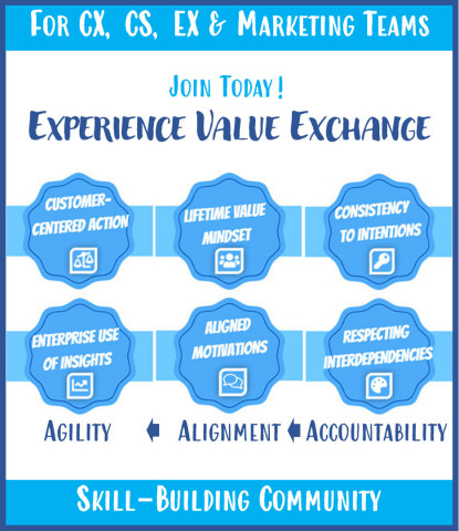 The Experience Value Exchange is your experience leadership skill-building community for marketing, customer success, customer service, customer experience, employee experience, and partner experience teams. Learn how to drive accountability (consistency to intentions + respecting interdependencies), alignment (lifetime value mindset + aligned motivations), and organizational agility (enterprise use of insights + customer-centered action). These skills close the gap between what's promised and what's delivered to employees, partners, and customers, making your company more profitable, nimble, and preferred. (Graphic: Business Wire)