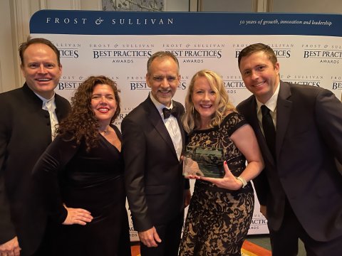 The Alvaria Team attended the 2021 Frost & Sullivan Best Practices Awards Gala to accept the Outbound Campaign Management Customer Value Award (left to right: Ben English, Maddy Hubbard, Michael Harris, Colleen Sheley and Dan Spellman) (Photo: Business Wire)