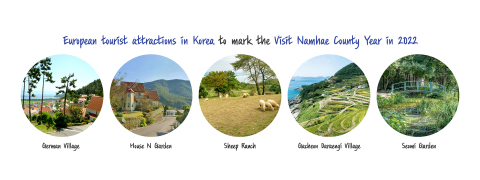 original Zur Feier des Visit Namhae County Year 2022 (Jahr der Besuche im Landkreis Namhae 2022) stellt die Namhae Foundation for Tourism and Culture (Stiftung von Namhae für Tourismus und Kultur) die besten Touristenattraktionen von Namhae vor. Die schönen Inseln von Namhae an der Südküste Südkoreas bilden ein kleines Europa mit exotischen Landschaften, einschließlich Namhae German Village, Village House N Garden, Namhae Yangtte Farm (Schafhof), Gacheon Daraengi Village und Seomi Garden. Mild im Winter und kühl im Sommer – mit seinen idealen klimatischen Bedingungen ist Namhae ein ideales Reiseziel. (Grafik: Business Wire)