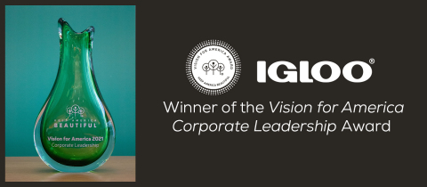 original Igloo Products Corp., the leading American manufacturer of ice chests, softside coolers and drinkware, is proud to announce that company president and CEO Dave Allen was honored on December 9 with the prestigious Keep America Beautiful Vision for America 2021 award. This award recognizes and celebrates Allen for leading Igloo’s strong environmental posture, creating entire lines of eco-friendly coolers made from post-consumer recycled plastics and an eco-friendly disposable cooler. (Graphic: Business Wire)