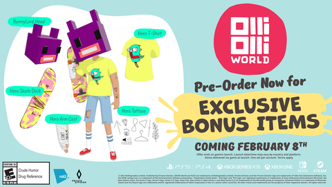 Private Division and Roll7 today announced that OlliOlli World is available for pre-order and will launch on February 8, 2022 digitally for the PlayStation®5 and PlayStation®4, the Xbox Series X|S and Xbox One consoles, PC via Steam, and Nintendo Switch™ console. Players who pre-order the game will receive bonus digital cosmetic items, including a Bunnylord Head, Hero T-Shirt, Hero Skate Deck, Hero Tattoos, and Hero Arm Cast. (Graphic: Business Wire)