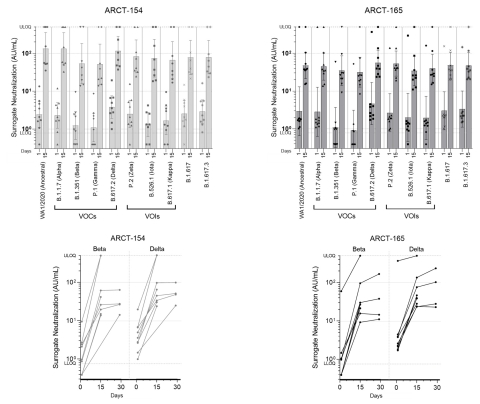 Figure 2: Surrogate virus neutralization (sVNT) assay results for SARS-CoV-2 variants. Top panels show geometric mean concentrations and 95% confidence intervals on Day 1 (prior to boosting) and Day 15 post-boost administration with ARCT-154 (left; n = 8/12) and ARCT-165 (right; n = 9/12). The bottom panels show the results for individual participants for the beta and delta variants on Day 1 (prior to boosting), and Days 15 and 29 post-boost. Geometric mean for Day 29 is not shown as data from only four participants are available for this time point.
VOC: variant of concern; VOI: variant of interest; ULOQ: upper limit of quantification; LLOQ: lower limit of quantification