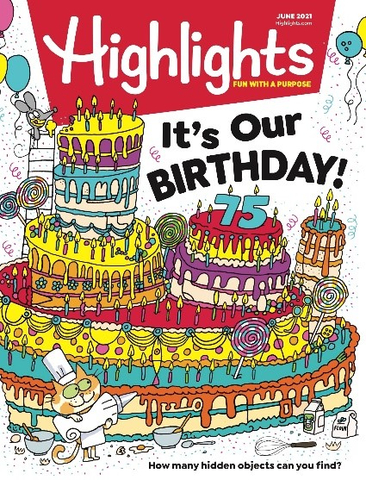 The celebratory June cover of Highlights magazine featuring a signature Hidden Pictures® puzzle birthday cake. (Photo: Business Wire)