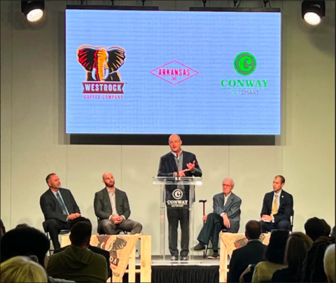 From left to right: Bart Castleberry, mayor of Conway, Arkansas; Will Ford, group president of Westrock Coffee; Scott Ford, CEO of Westrock Coffee; Joe Ford, co-founder and chairman of Westrock Coffee; Michael Preston, executive director of the Arkansas Economic Development Commission at the announcement event at the new Conway, Arkansas Westrock Coffee facility. (Photo: Business Wire)