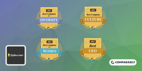 The Comparably Awards recognize ZipRecruiter for best company culture, best CEOs, best companies for women, and best companies for diversity. (Graphic: Business Wire)