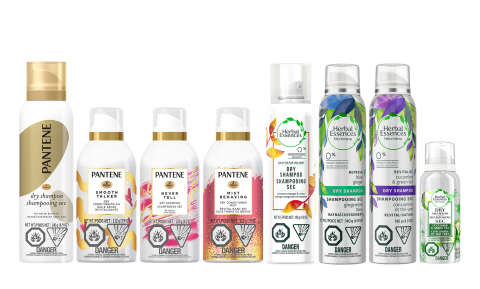 Produits visés par le rappel volontaire de shampooing sec et de revitalisant sec en aérosol par P&G au Canada (Photo: P&G)