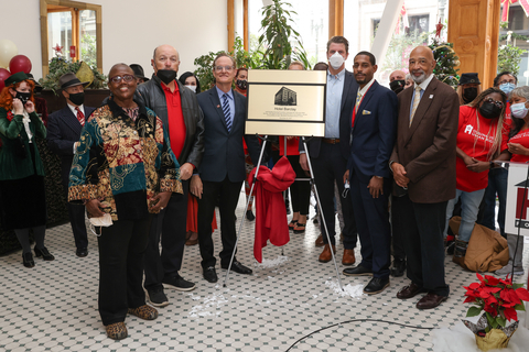 AHF Board Member, Cynthia Davis, Board of Equalization Member, Tony Vasquez, AHF President, Michael Weinstein, California Senator 27th District, Henry Stern, Regional Property Operations Manager, Healthy Housing Foundation, Dominique Eastman, and Los Angeles Urban League President, Michael Lawson unveil the cornerstone plaque at a holiday-themed reception and rededication ceremony to mark AHF’s acquisition and conversion of the Hotel Barclay to affordable housing for low-income and formerly homeless individuals on Wednesday, December 22, 2021 in Los Angeles, CA. AHF’s Healthy Housing Foundation purchased the 158-unit Barclay—the oldest continually operating hotel in Los Angeles—in October and has been working to renovate and upgrade the units before people move in. (Mark Von Holden/AP Images for AIDS Healthcare Foundation)