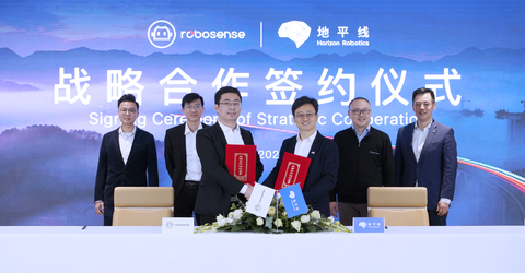 Signing Ceremony (from left to right): Chunchao Qiu, co-founder and executive president of RoboSense; Dr. Chunxin Qiu, founder and CEO of RoboSense; Yi Shi, vice president of marketing of RoboSense; Xingyu Li, vice president of ecological development and strategic planning of Horizon Robotics; Dr. Kai Yu, founder and CEO of Horizon Robotics; and Dr. Jian Xu, chief ecological officer of Horizon Robotics (Photo: Business Wire)