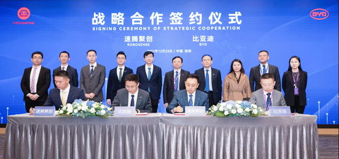 Witnessed by leaders and executives of both companies, RoboSense and BYD signed a strategic investment agreement and a strategic cooperation framework agreement (Photo: Business Wire)