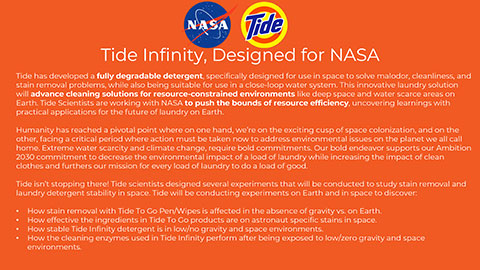 To reduce the impact of laundry on our environment and on the future we all share, Tide introduces the first laundry detergent for space, which astronauts will use on the International Space Station starting this year.  (Photo: Business Wire)
