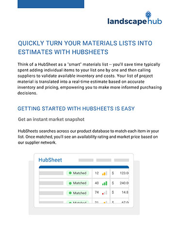 thumbnail Think of a HubSheet as a "smart" materials list. A list of project material is translated into a real-time estimate based on accurate inventory and pricing, empowering buyers to make more informed purchasing decisions.