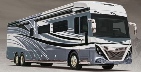 American Dream Class A Motorhome by American Coach. American Coach is an award-winning, ultra-luxury brand of recreational vehicles that are known for their exquisite design, lavish touches, and innovative engineering that make a road trip a relaxing and indulgent experience. New models feature high-end kitchens with black stainless steel appliances, quartz countertops with waterfall edges, and hand-crafted kitchen cabinets; spacious and luxurious master bedrooms and baths with articulating mattresses, spa showers, and his and her sinks; and superior technology components such as 50” exterior TVs. (Photo: Business Wire)