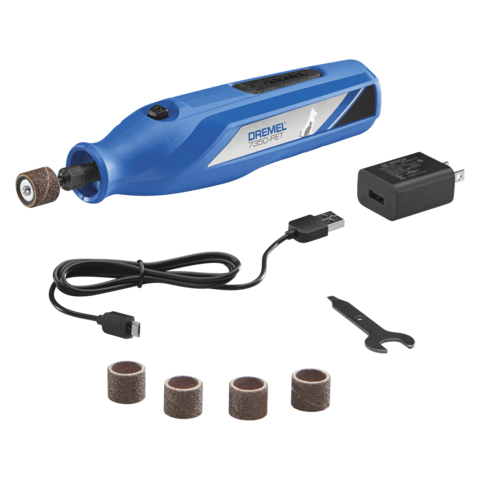 The new Dremel® 7350-PET kit includes the 7350-PET rotary tool, Micro-USB charging cord, 407 sanding drum, (4) 408 sanding bands, wrench, and tool manual. (Photo: Business Wire)