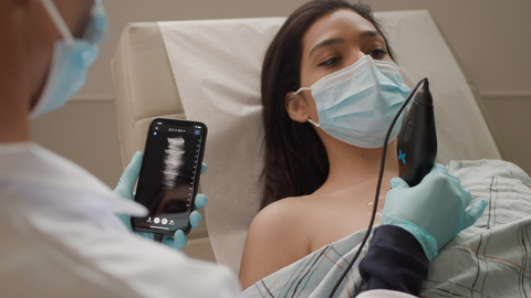 Butterfly iQ+, the world's first handheld, single probe, whole-body ultrasound system using semiconductor technology - used at the bedside to inform medical decisions and care. (Photo: Business Wire)