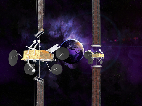 The artist’s view represents the two Intelsat software-defined satellites, IS-41 and IS-44, with the corresponding antennas configuration. (courtesy: Thales Alenia Space).