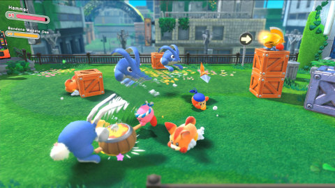 In the Kirby and the Forgotten Land game for the Nintendo Switch system, you can have a second player join the journey as Bandana Waddle Dee. He can launch a variety of attacks using his spear. Quickly begin two-player co-op play on the same system by sharing a Joy-Con … especially when you feel like driving home a point! (Photo: Business Wire)