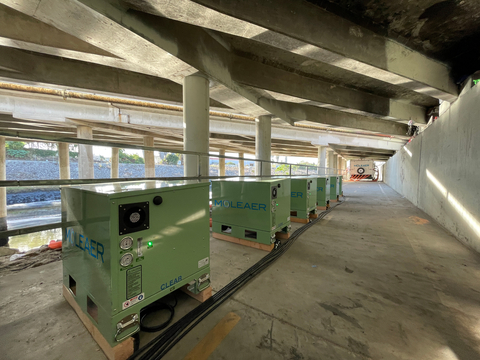 original Moleaer nanobubble generators treating water at Dominguez Channel, Carson, CA to naturally degrade contaminants that consume oxygen and enable dissolved oxygen levels in the water to rise without chemicals. Carson based Moleaer deployed 14 nanobubble generators, treating over 40,000 gallons of water per minute and 60 millions gallons per day at the height of treatment to remediate the odor in the channel. (Photo: Business Wire)