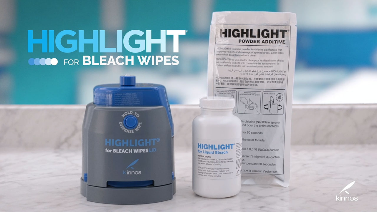 Highlight® colors liquid bleach or bleach wipes bright blue, providing instant visual confirmation of coverage, then fades in minutes to remind users of contact time. Proven to quantifiably improve cleaning thoroughness, the color even binds to areas where cleaning was insufficient, indicating that gross contamination remains. Studies show using Highlight for Bleach Wipes for just a few weeks can improve cleaning scores by 70% in just a few weeks. By helping users visualize surface coverage, Highlight retrains users with every wipe and gives you disinfection you can see. Highlight is available for bleach wipes and sprays, and is launching a version for quaternary ammonium wipes in May 2022.