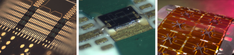 Semiconductor Packaging examples showing Printed 3D Interconnects for 3D stacked die (l), mmWave (c), and flex circuit (r). (Photo: Business Wire)