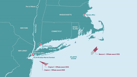 Equinor's US offshore wind presence and assets including Empire Wind 1, Empire Wind 2 and Beacon Wind 1  (Photo: Business Wire)