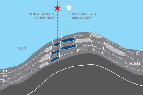 Cross-section of Winterfell-1 discovery well and Winterfell-2 appraisal well. (Graphic: Business Wire)