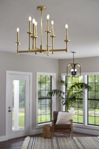 Master Bedroom Sitting Area with Briargrove 8 Light Chandelier in Modern Brass and Dukestown Pendant in Gold Leaf (Photo: Business Wire)