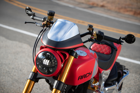 ARCH Motorcycle KRGT featuring J.W. Speaker Adaptive Motorcycle Headlight, designed to calculate bank angles on a real-time basis, automatically sending light up or down as the motorcycle leans into a corner. (Photo: Business Wire)