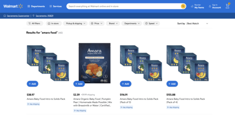 Amara Organic Baby Food available on www.walmart.com (Photo: Business Wire)